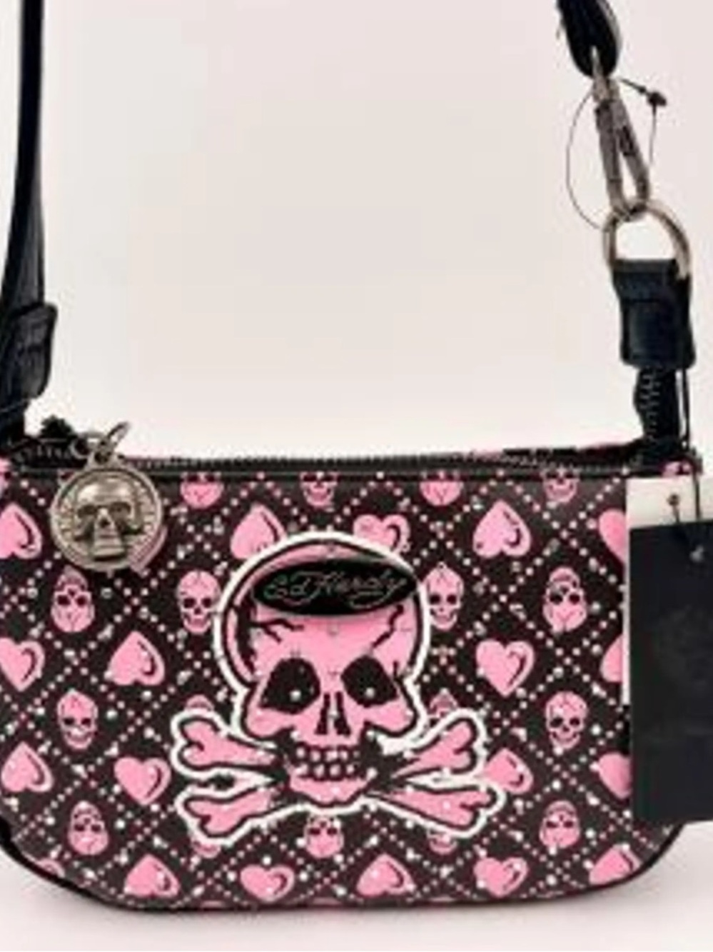 Ed Hardy Black & Pink Skull Crossbones Shoulder Bag NWT - Picture 9 of 11